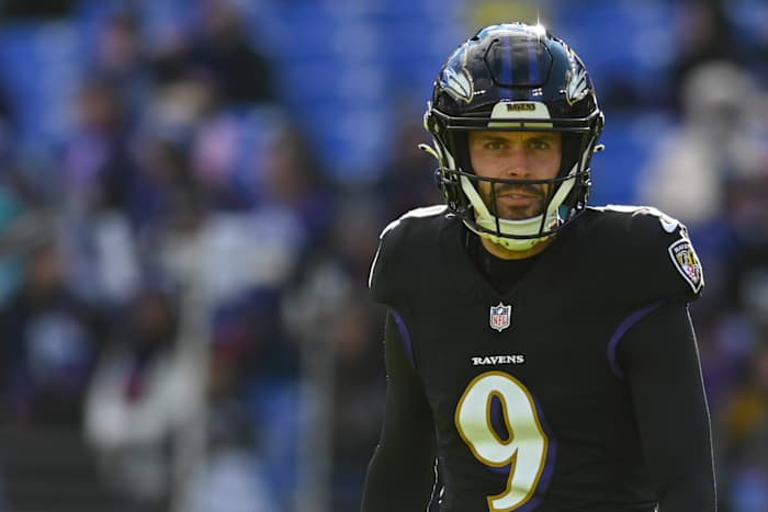 Dec 31, 2023; Baltimore, Maryland, USA; Baltimore Ravens place kicker Justin Tucker (9) on the field before the game against the Miami Dolphins at M&T Bank Stadium. Mandatory Credit: Tommy Gilligan-USA TODAY Sports